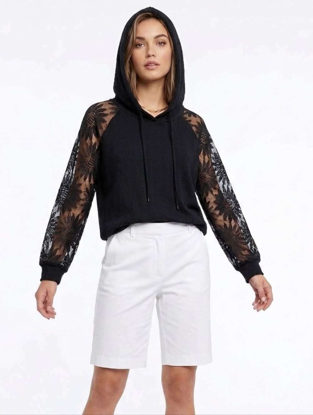 SHEIN CURVE Dark Navy Lace-Sleeve Hoodie Pullover XL